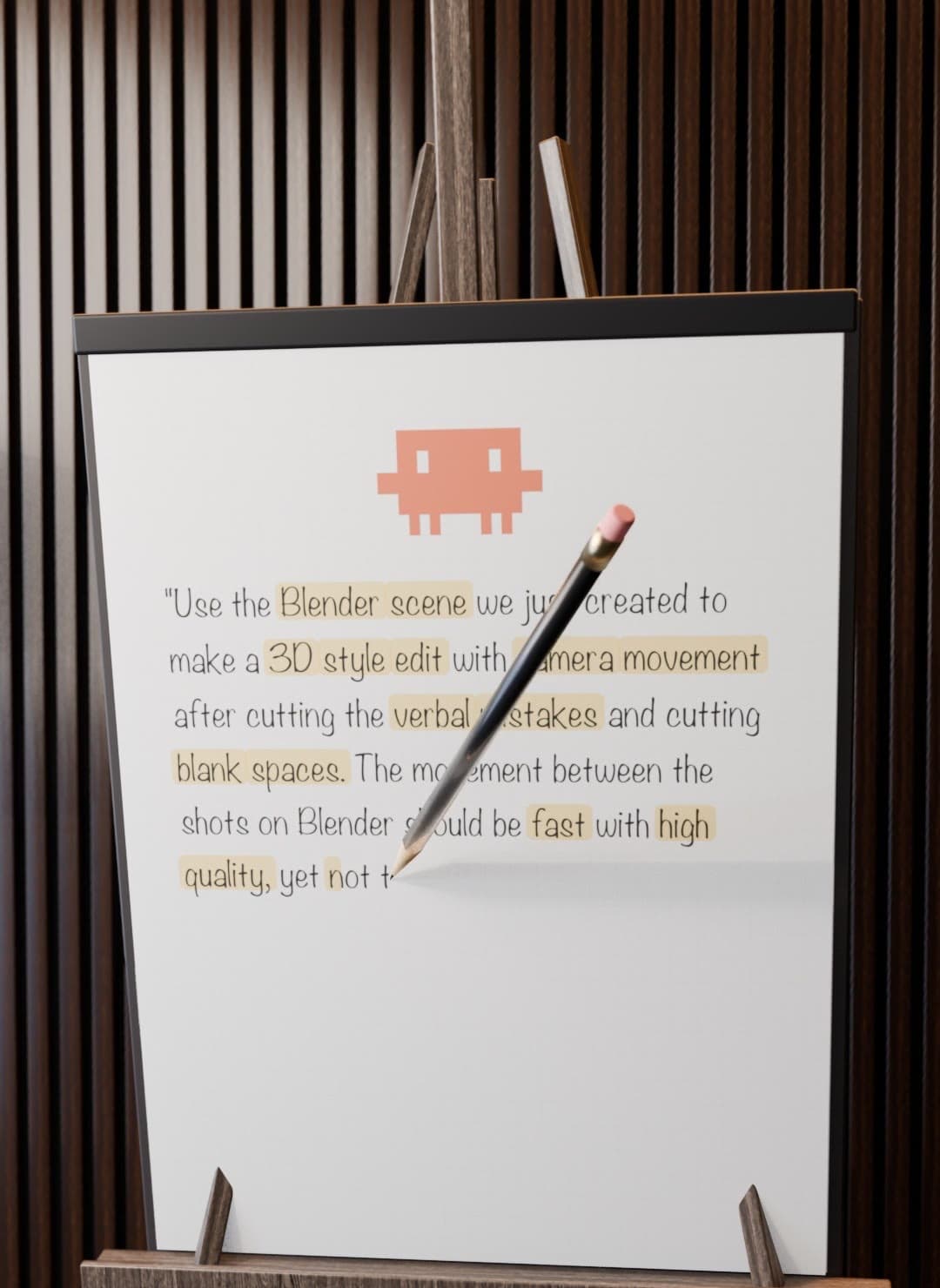 A whiteboard on an easel with a handwritten quote, key words highlighted in yellow, and a giant pencil writing.