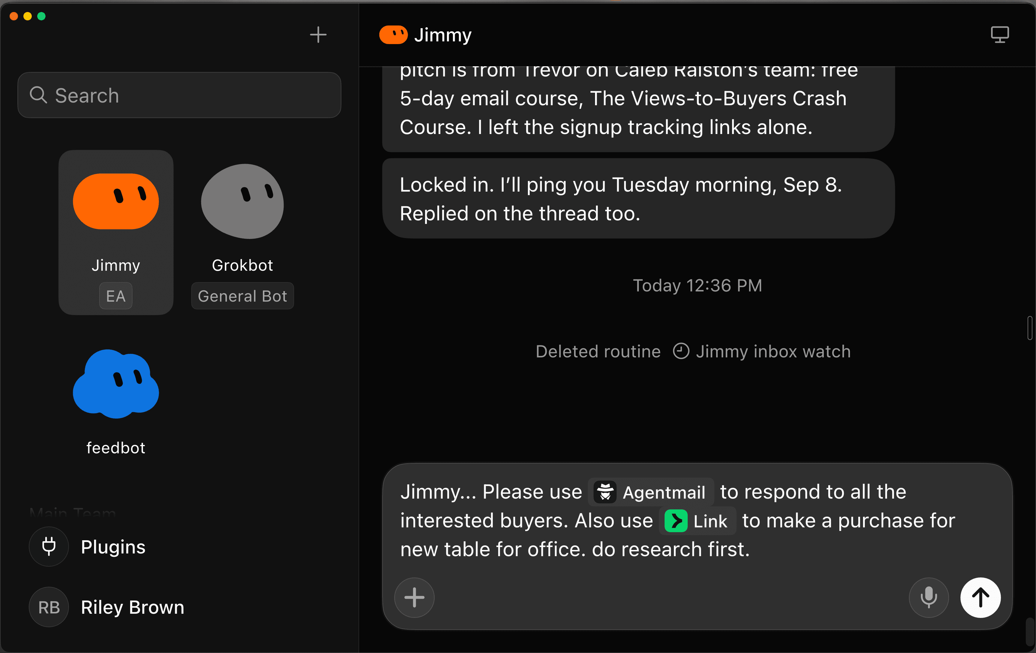 The GrokBot app, with a team of bots on the left and a message to Jimmy that uses the AgentMail and Link plugins
