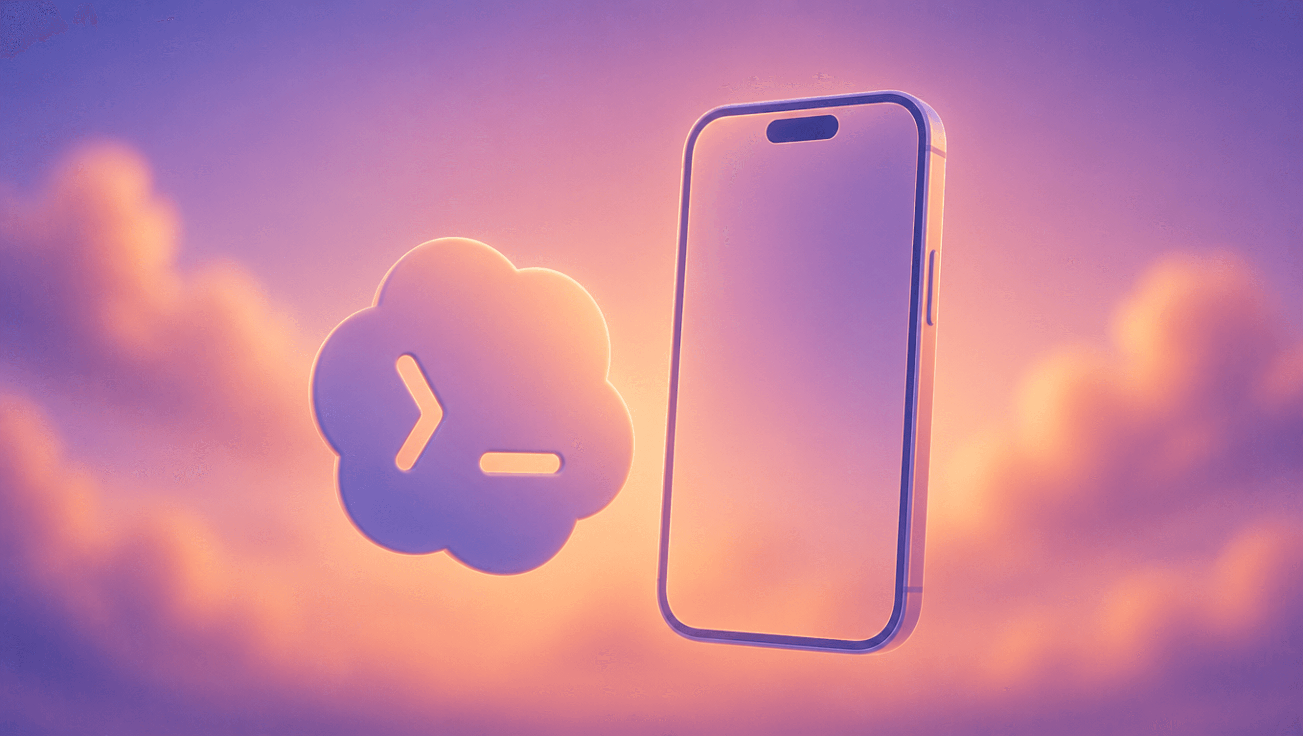 Code symbol beside an iPhone against a blue, pink, and orange background