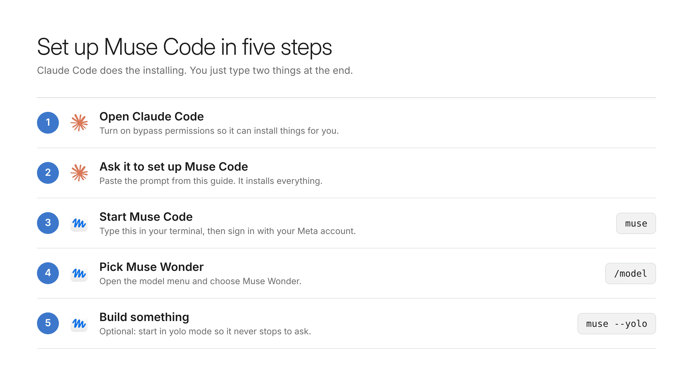 Five steps. Open Claude Code with bypass permissions on, ask it to set up Muse Code, type muse and sign in, type /model and pick Muse Wonder, then build. Optionally start with muse --yolo.