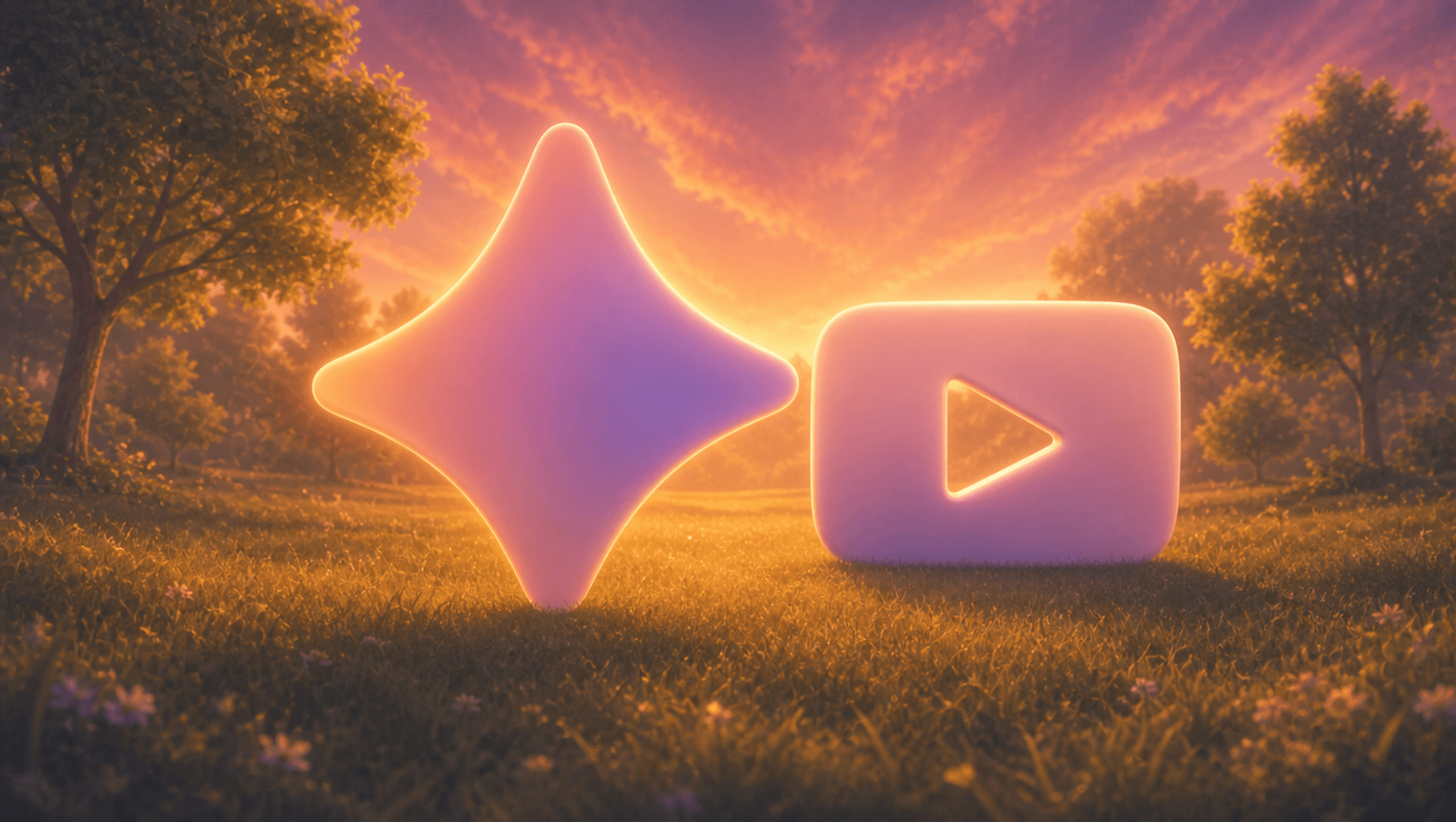 Gemini and video play icons in a sunlit grass field