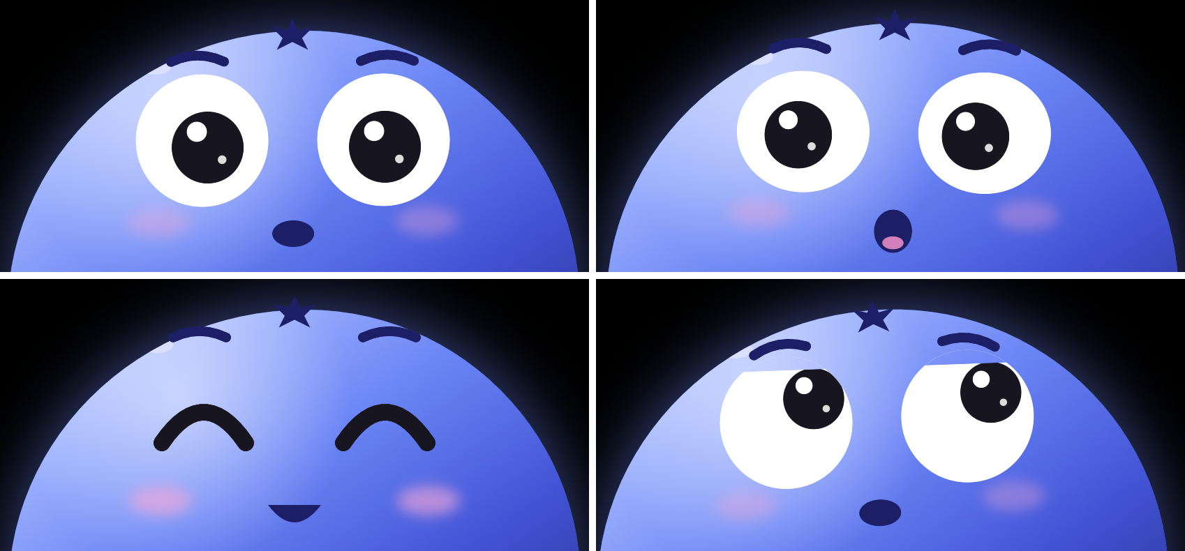 Bluey's faces: listening, talking, happy and pointing