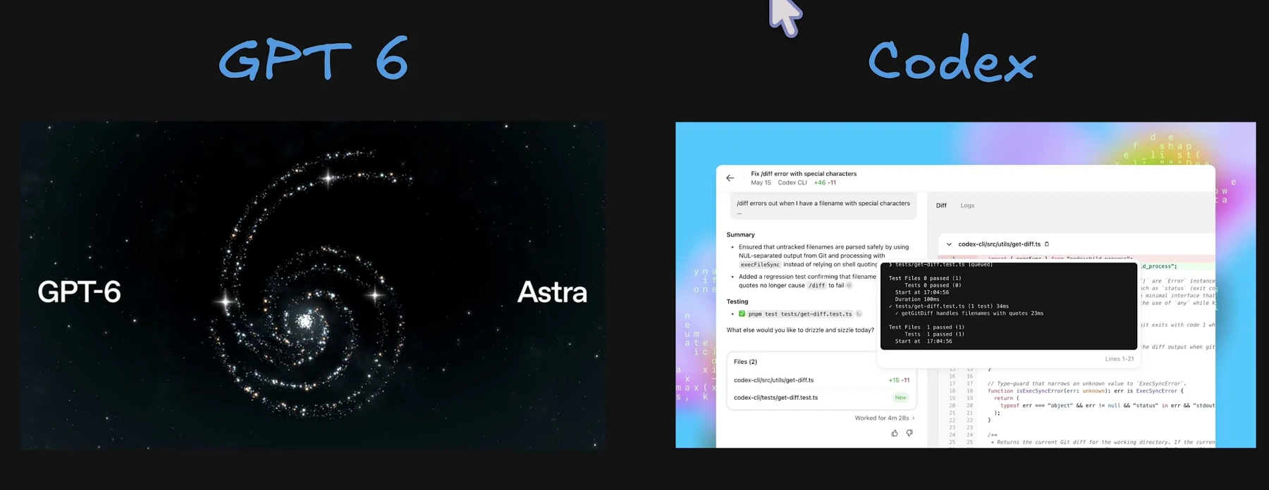 GPT-6 Astra and the Codex app shown side by side in Riley's video.