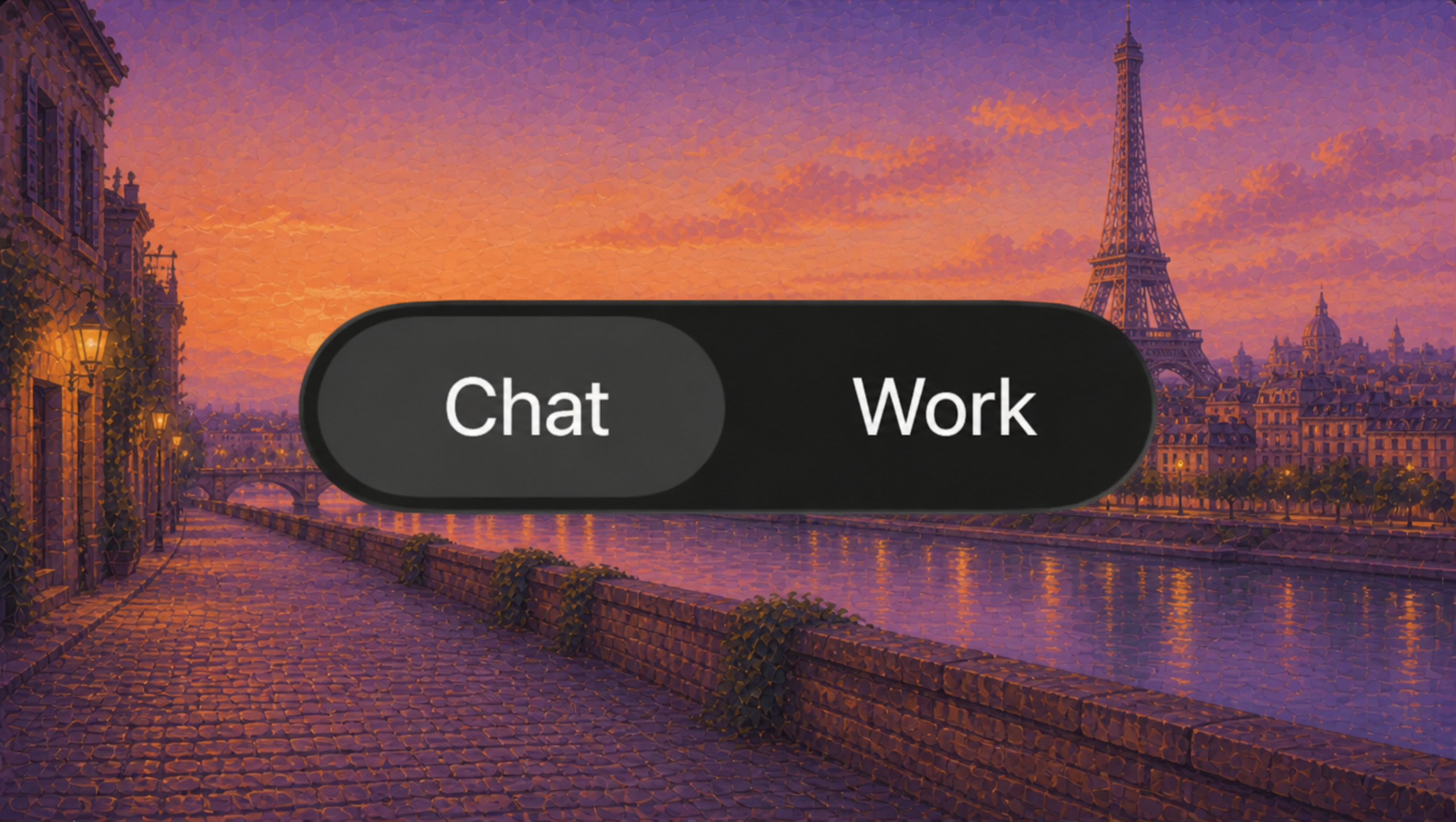 Chat and Work over a painted Paris cityscape